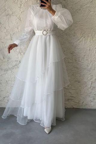 Tül Kat Kat Tesettür Abiye Ekru