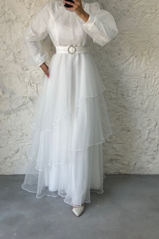 Tulle Layered Hijab Evening Dress Ecru