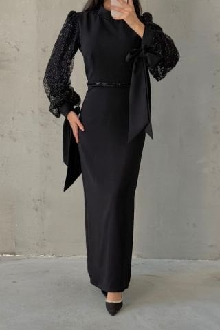 Krep Kumaş Zarif Kollu Tesettür Abiye Siyah