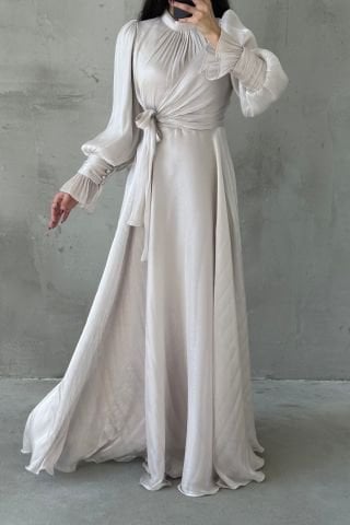 Işıltılı Kol Ve Bel Detaylı Tesettür Abiye Taş