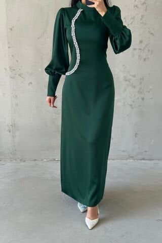 Pearl Touch Satin Hijab Evening Dress Green