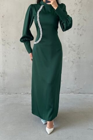 İnci Dokunuşlu Saten Tesettür Abiye Yeşil