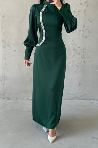 İnci Dokunuşlu Saten Tesettür Abiye Yeşil