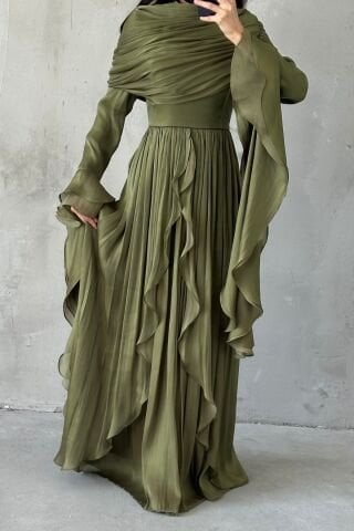 Ruffle Detailed Janjan Hijab Evening Dress Khaki