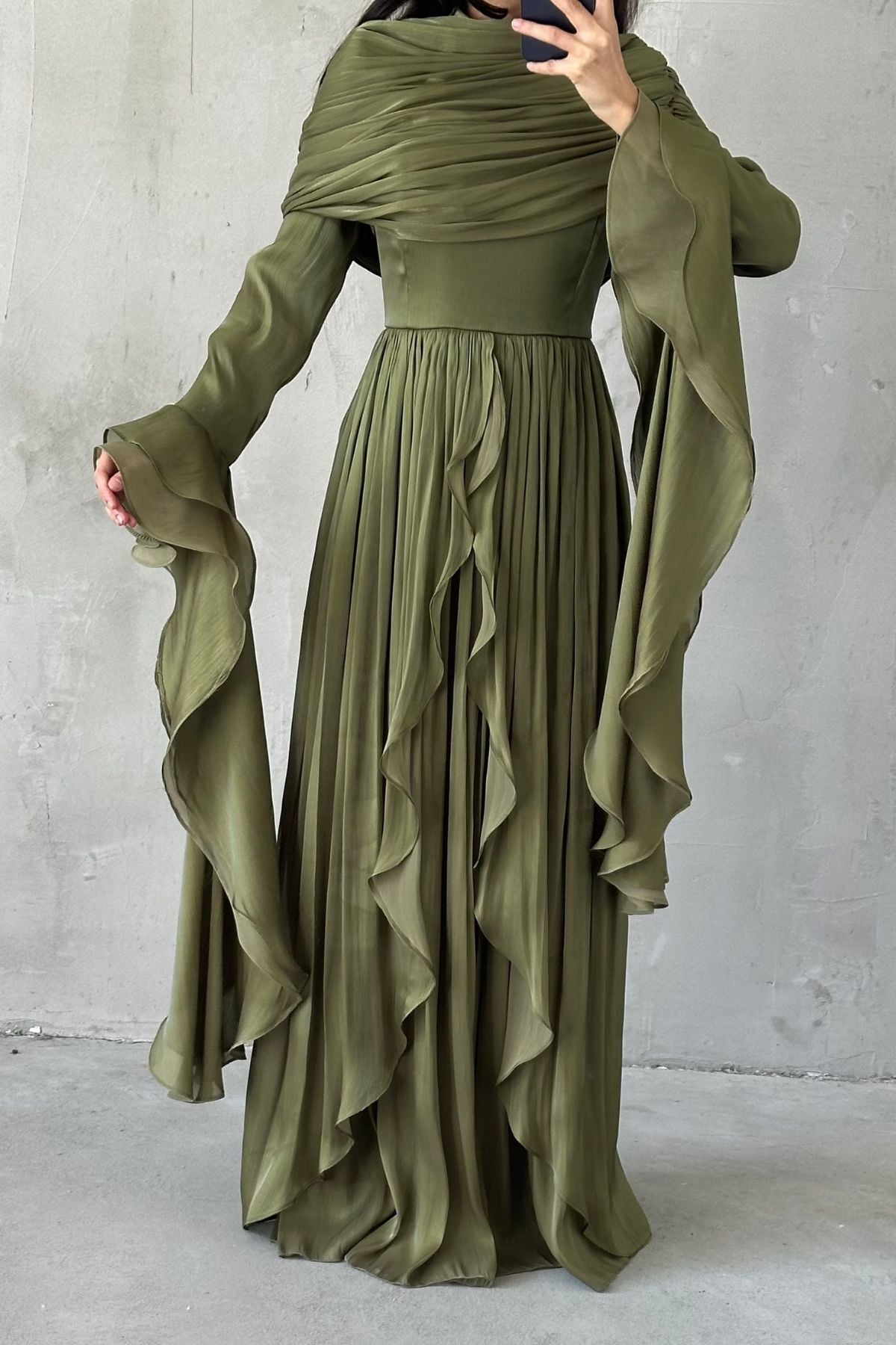 Ruffle Detailed Janjan Hijab Evening Dress Khaki
