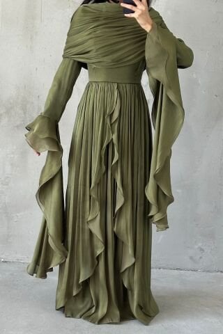Ruffle Detailed Janjan Hijab Evening Dress Khaki