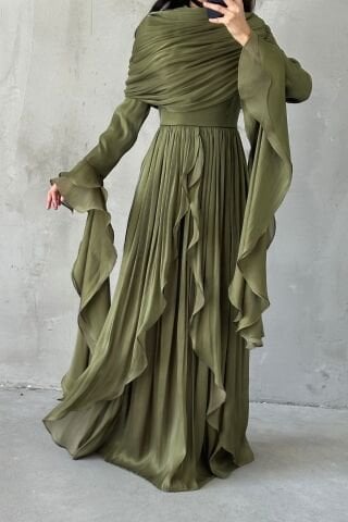 Ruffle Detailed Janjan Hijab Evening Dress Khaki