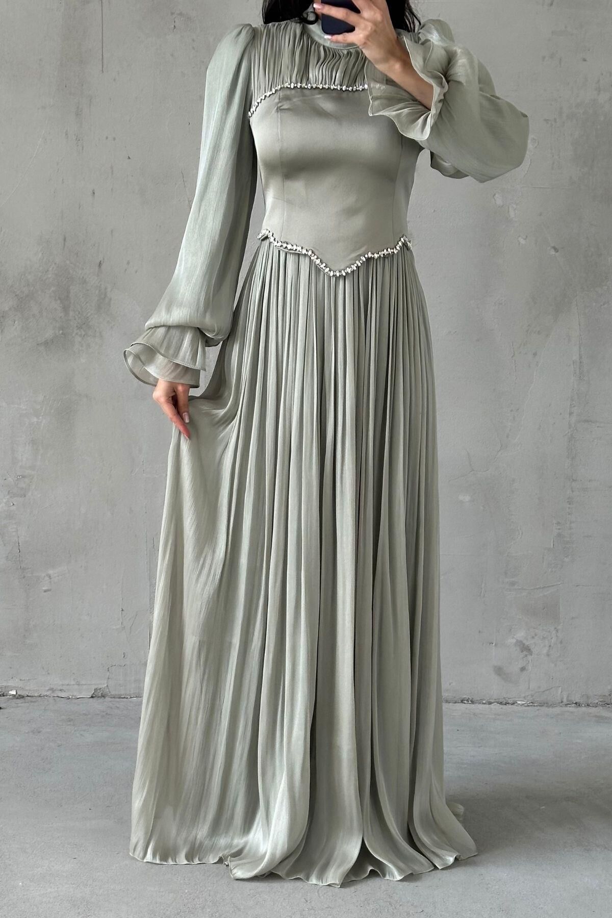 Nevra İnci Modest Evening Dress Mint Green