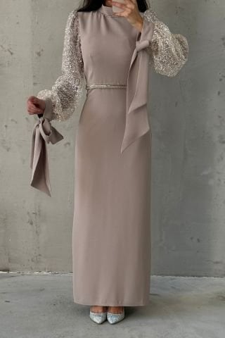 Krep Kumaş Zarif Kollu Tesettür Abiye Taş