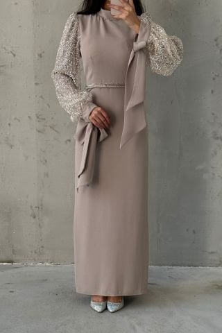 Krep Kumaş Zarif Kollu Tesettür Abiye Taş