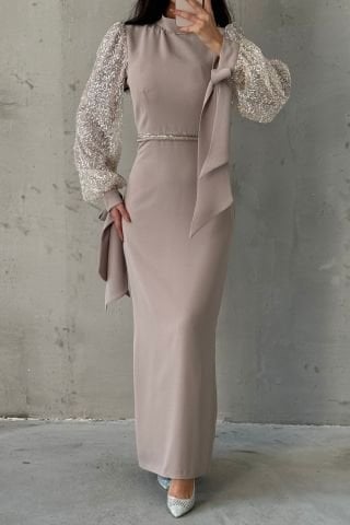 Krep Kumaş Zarif Kollu Tesettür Abiye Taş