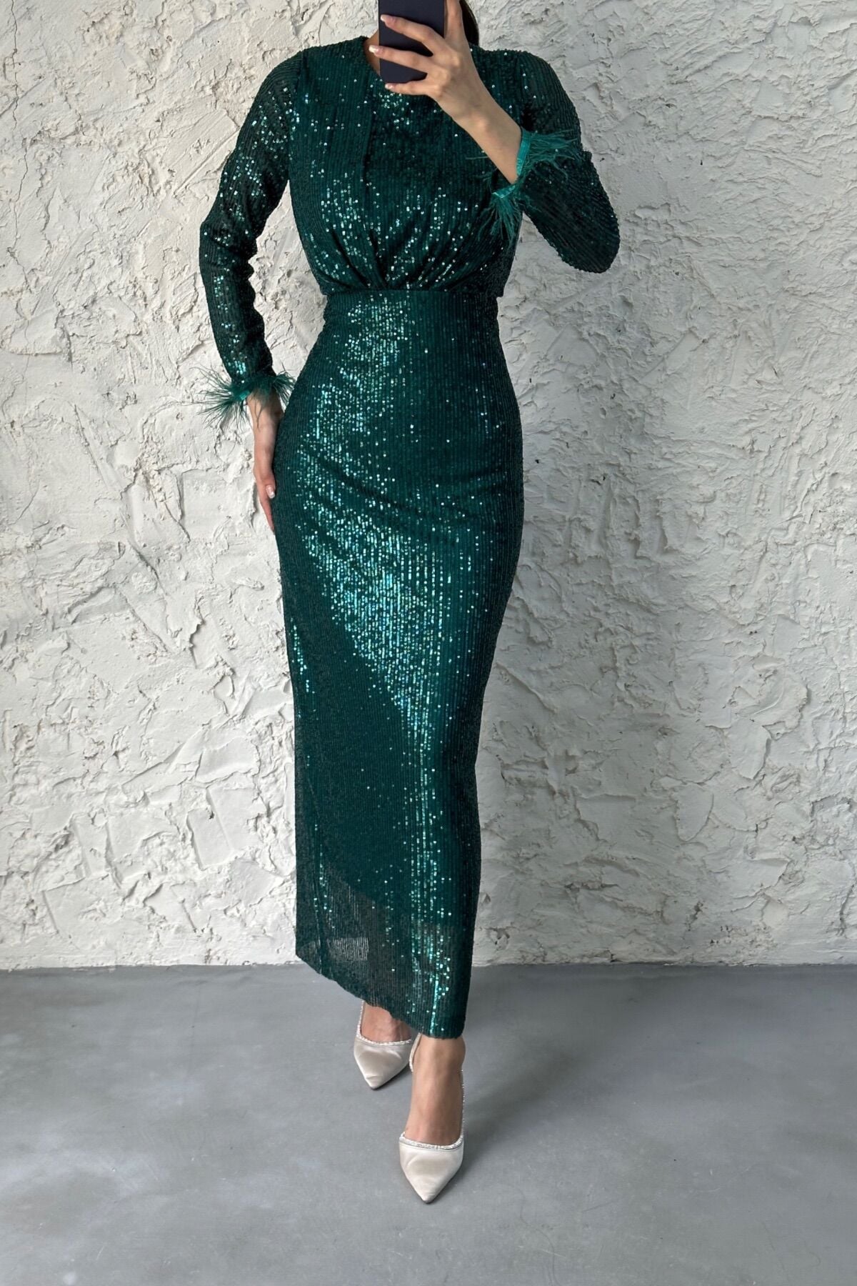 Üstü Büzgülü Pul Payet Tesettür Abiye Yeşil