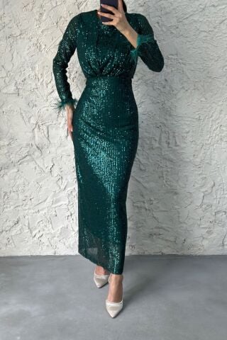 Üstü Büzgülü Pul Payet Tesettür Abiye Yeşil