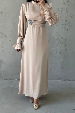 Elegant Design Stone Detailed Flounce Sleeve Hijab Evening Dress Stone