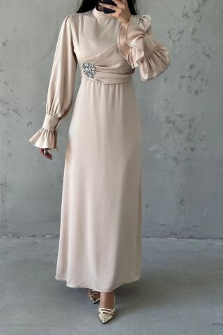 Elegant Design Stone Detailed Flounce Sleeve Hijab Evening Dress Stone