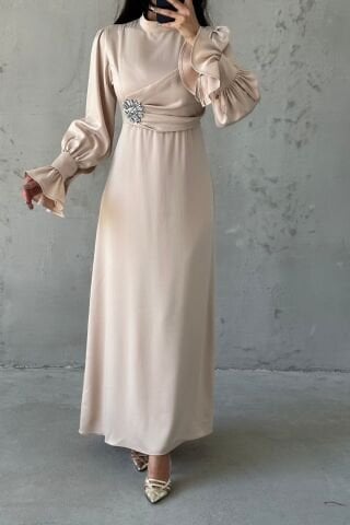 Elegant Design Stone Detailed Flounce Sleeve Hijab Evening Dress Stone