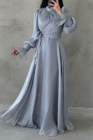 Işıltılı Kol Ve Bel Detaylı Tesettür Abiye Gri