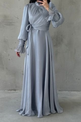 Işıltılı Kol Ve Bel Detaylı Tesettür Abiye Gri