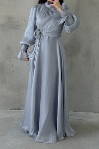 Işıltılı Kol Ve Bel Detaylı Tesettür Abiye Gri