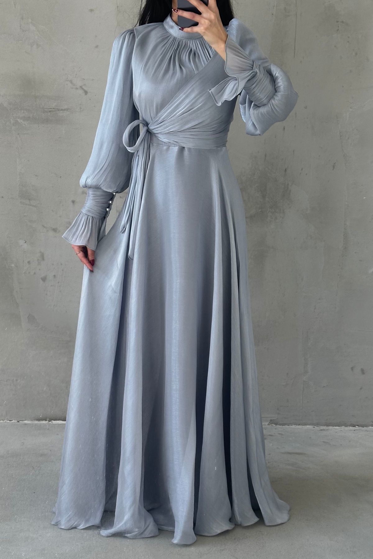 Işıltılı Kol Ve Bel Detaylı Tesettür Abiye Gri