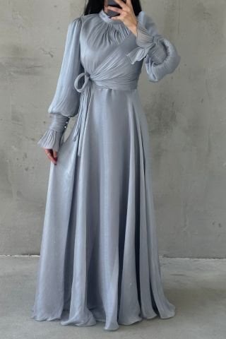 Işıltılı Kol Ve Bel Detaylı Tesettür Abiye Gri