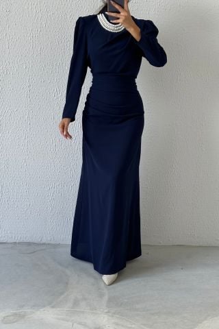 Balık Model İnci Detaylı Krep Tesettür Abiye Lacivert