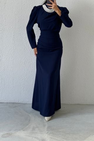 Fish Model Pearl Detailed Crepe Hijab Evening Dress Navy Blue