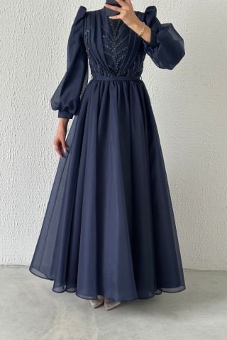 Balon Kol İşlemeli Organze Tesettür Abiye Lacivert