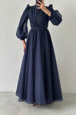 Balon Kol İşlemeli Organze Tesettür Abiye Lacivert