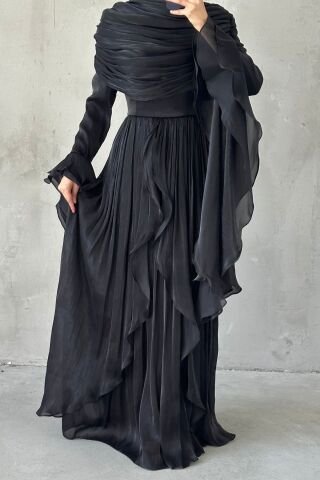 Ruffle Detailed Janjan Hijab Evening Dress Black
