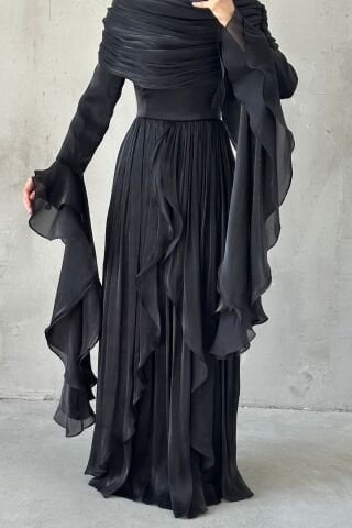 Ruffle Detailed Janjan Hijab Evening Dress Black
