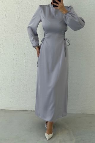 Belden Bağlama Detaylı Saten Tesettür Abiye Gri