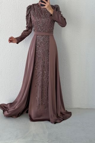 Satin Hijab Evening Dress Mink with Stone Embroidered Cape
