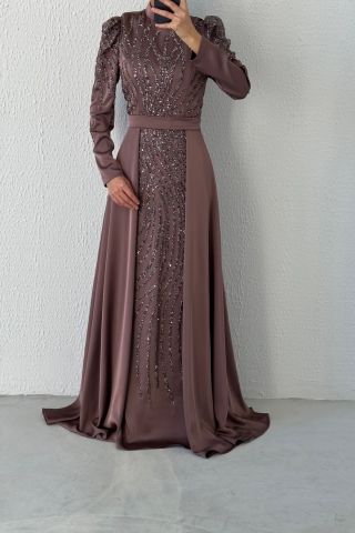 Satin Hijab Evening Dress Mink with Stone Embroidered Cape
