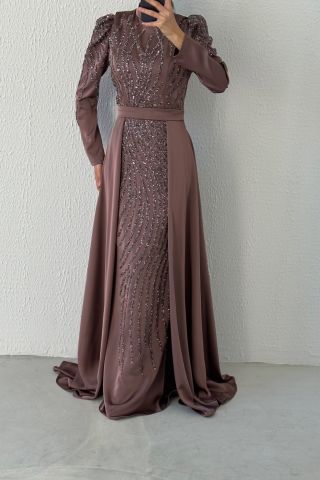 Satin Hijab Evening Dress Mink with Stone Embroidered Cape