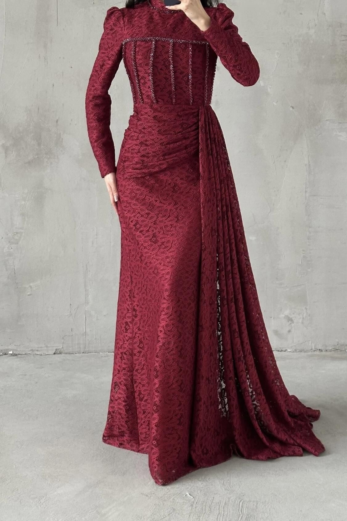 Nayina Hijab Evening Dress Burgundy