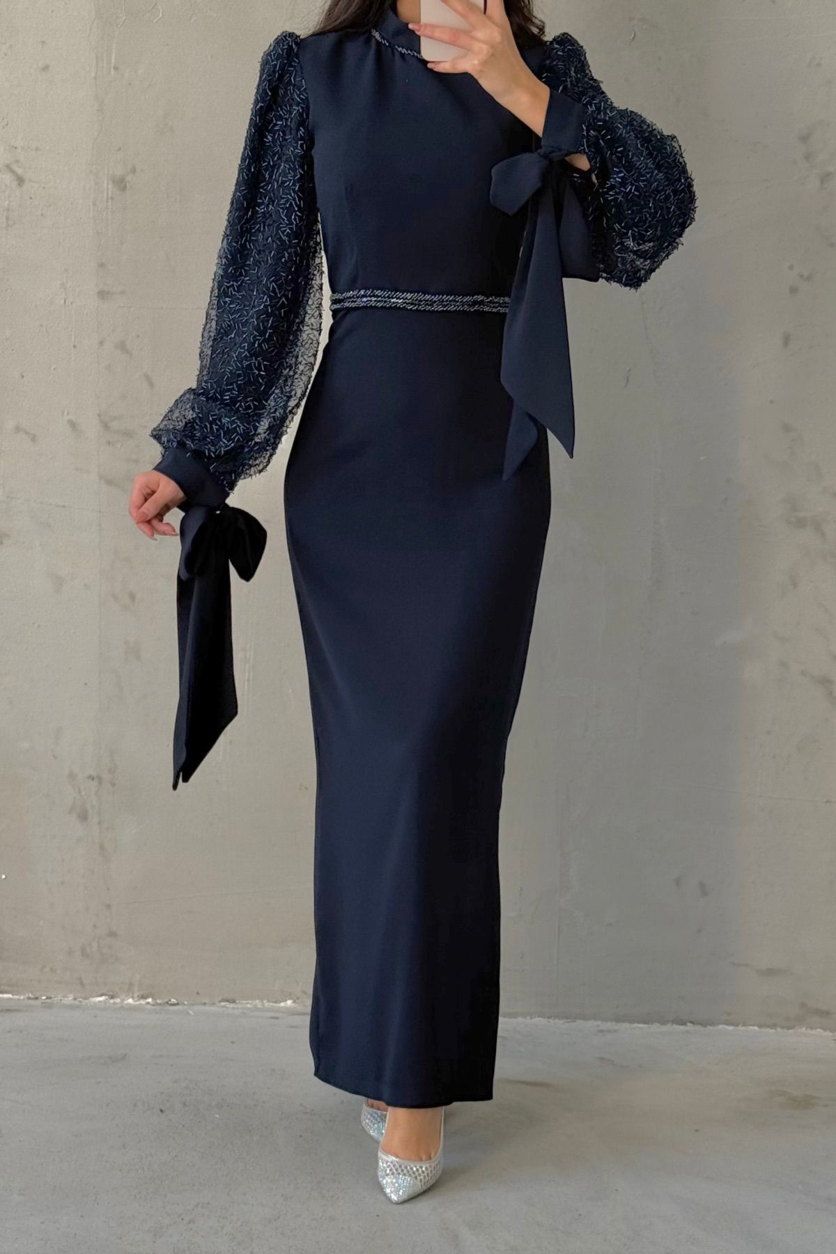 Crepe Fabric Elegant Sleeve Hijab Evening Dress Navy Blue