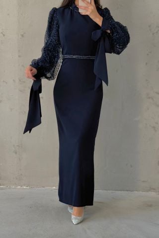 Crepe Fabric Elegant Sleeve Hijab Evening Dress Navy Blue