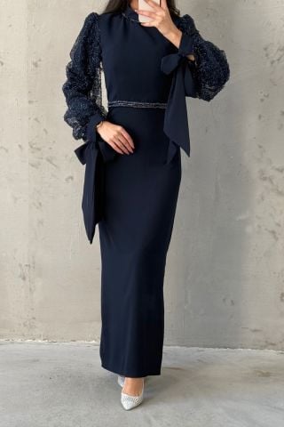 Crepe Fabric Elegant Sleeve Hijab Evening Dress Navy Blue