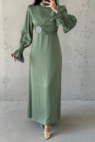 Elegant Design Stone Detailed Flounce Sleeve Hijab Evening Dress Khaki