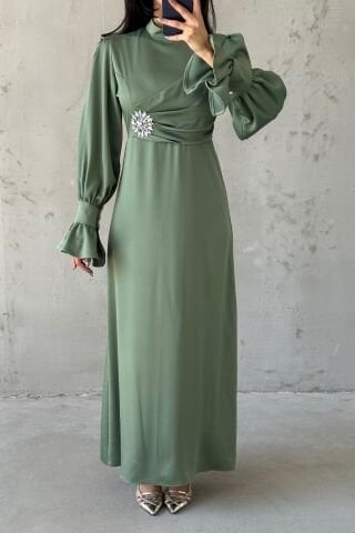 Elegant Design Stone Detailed Flounce Sleeve Hijab Evening Dress Khaki