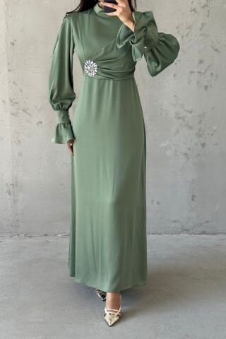 Elegant Design Stone Detailed Flounce Sleeve Hijab Evening Dress Khaki