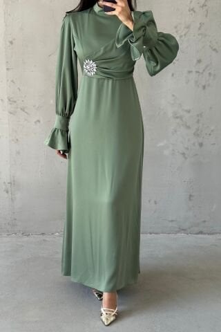 Elegant Design Stone Detailed Flounce Sleeve Hijab Evening Dress Khaki