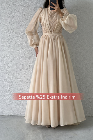 Balloon Sleeve Embroidered Organza Hijab Evening Dress Stone