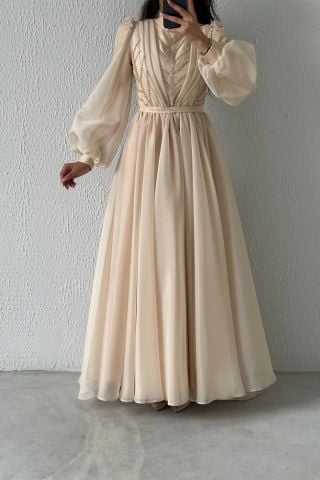 Balon Kol İşlemeli Organze Tesettür Abiye Taş