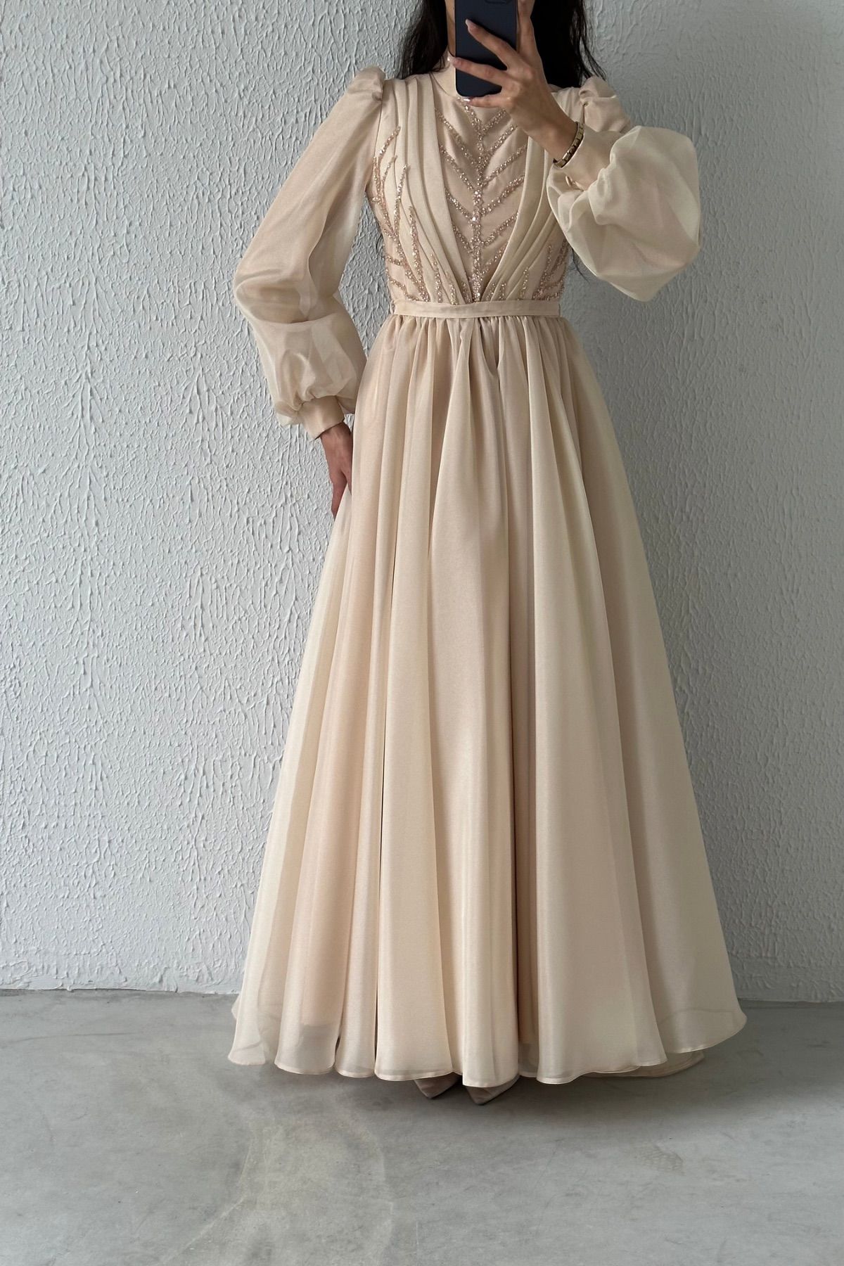Balloon Sleeve Embroidered Organza Hijab Evening Dress Stone