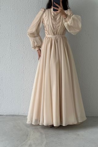 Balon Kol İşlemeli Organze Tesettür Abiye Taş