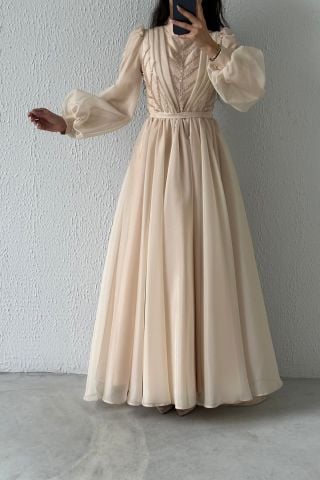 Balon Kol İşlemeli Organze Tesettür Abiye Taş