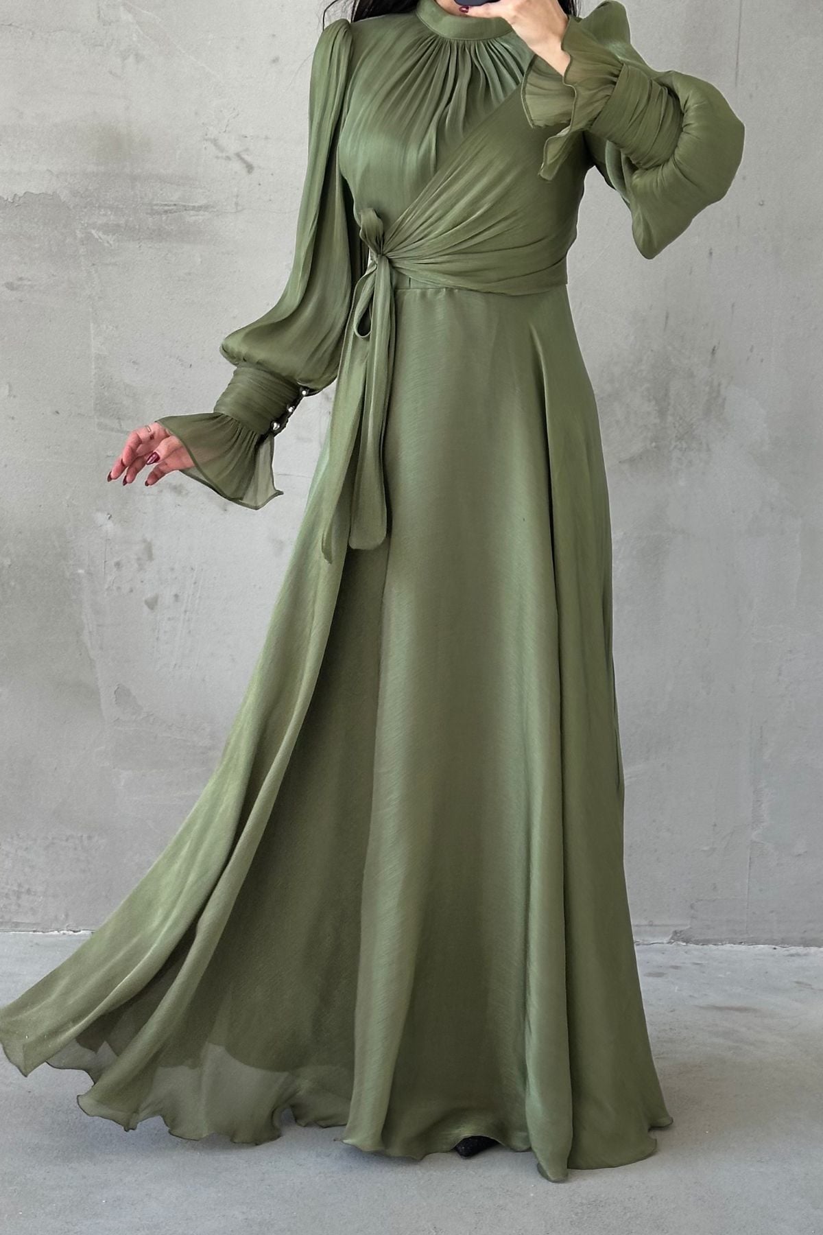 Işıltılı Kol Ve Bel Detaylı Tesettür Abiye Haki