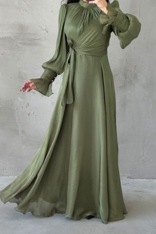 Işıltılı Kol Ve Bel Detaylı Tesettür Abiye Haki